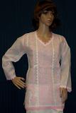 Blouse Cotton White Pink Hand Embroidered Tunic Top Kurti Size Medium #054